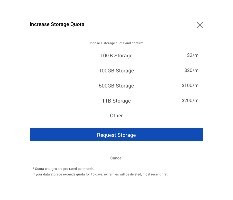 Increase Quota Screen Increase Quota Screen