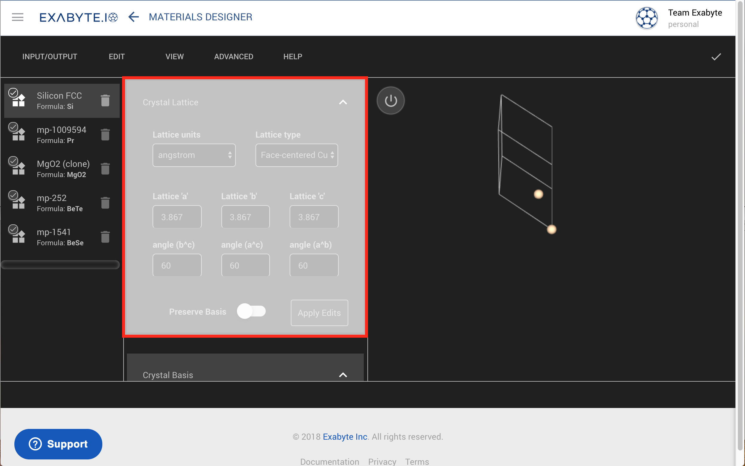 Opening the Crystal Lattice editor Opening the Crystal Lattice editor