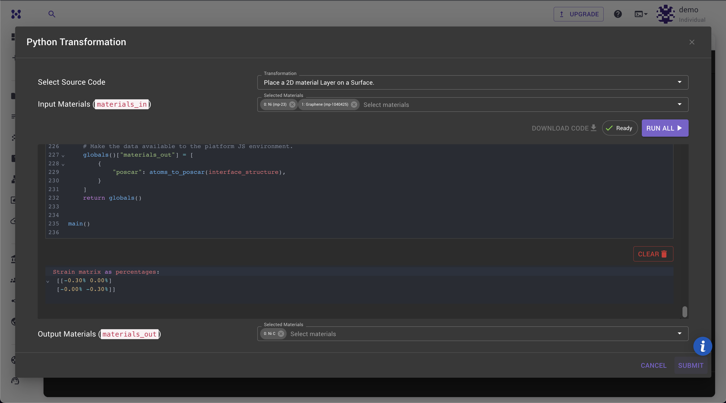 Results of code execution: strain matrix and output materials